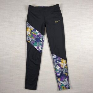 Nike Womens Floral Patchwork Athletic Leggings Black Gold Swoosh Tights